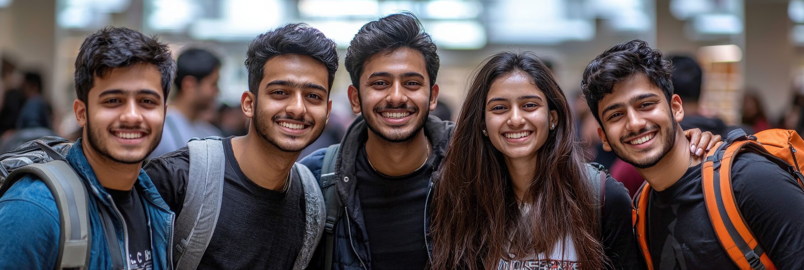 Group of smiling Indian students, standing together in a university library, backpacks in hand, bright and cheerful academic setting