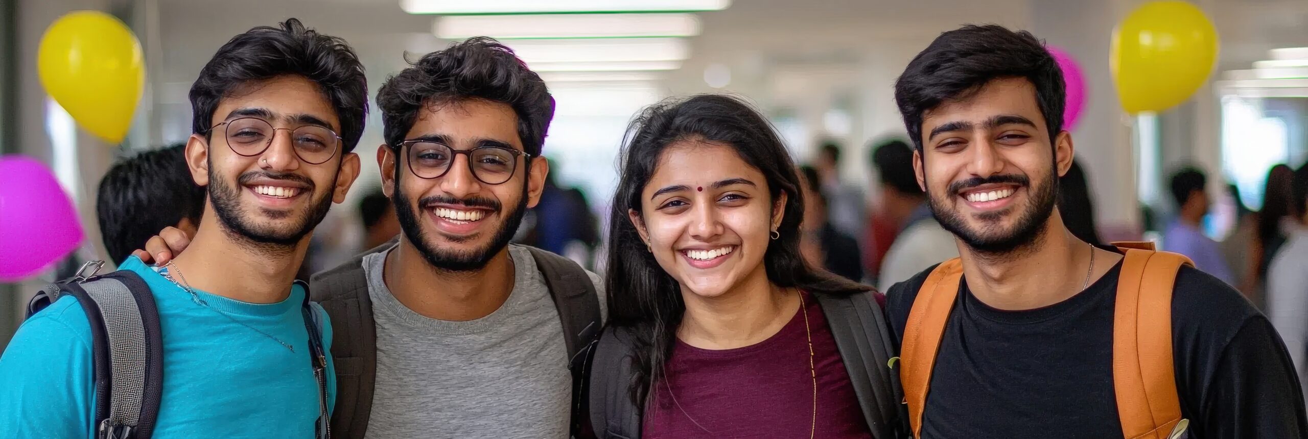 Group of smiling Indian students, standing together in a university library, backpacks in hand, bright and cheerful academic setting